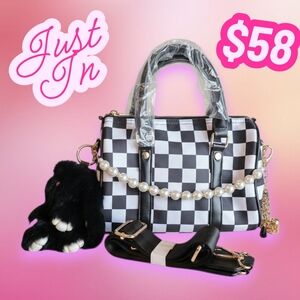 Checkered Black and White Boston Handbag Bundle with Pearl Chain + Charm + Bunny